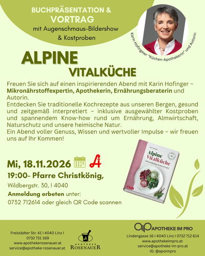 Flyer Buchpräsentation und Vortrag Alpine Vitalküche mit Karin Hofinger am 18.11.2026
